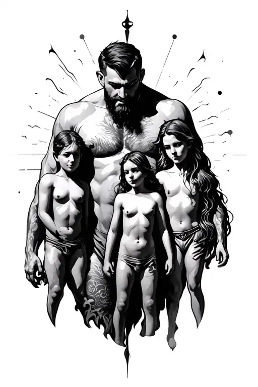 symbolic design of a stepfather protecting his two step sons and their mother  tattoo design idea