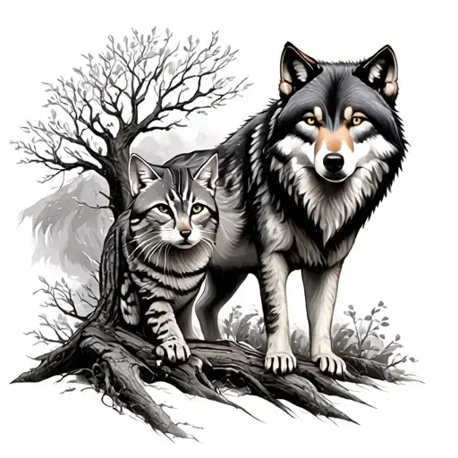 willow tree with a bobcat on one side and a Wolf on the other side tattoo design idea