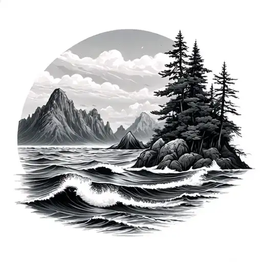 forrest mountain ocean scene tattoo design idea