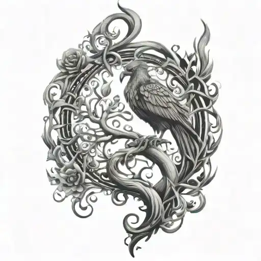 phoenix behind tree of life intertwined tattoo design idea
