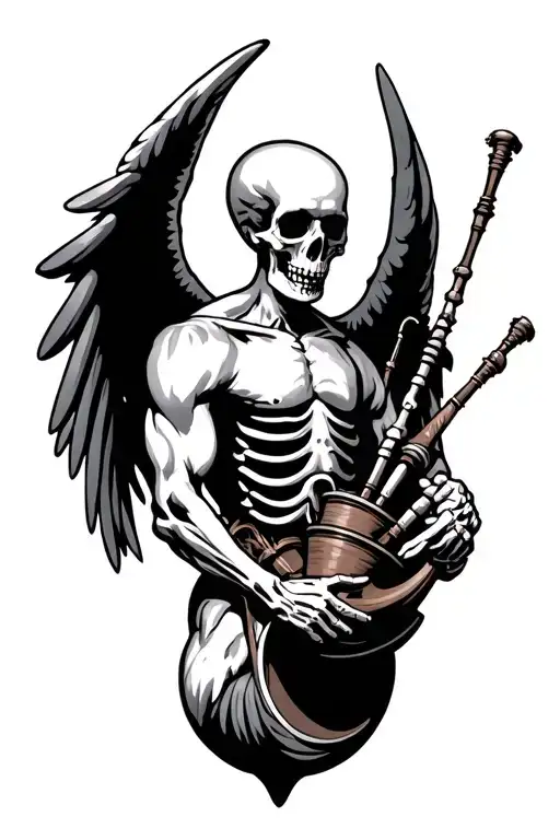 winged muscular skeleton playing bagpipes tattoo design idea