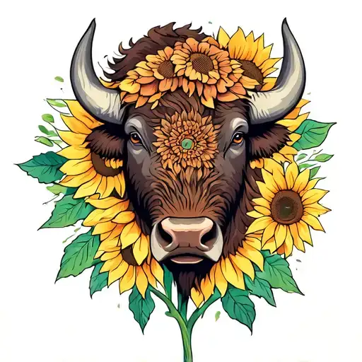 bison head with sunflower surrounded tattoo design idea