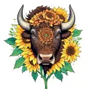 bison head with sunflower surrounded tattoo design idea