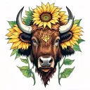 bison head with sunflower surrounded tattoo design idea
