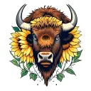 bison head with sunflower surrounded tattoo design idea