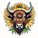bison head with sunflower surrounded tattoo design idea