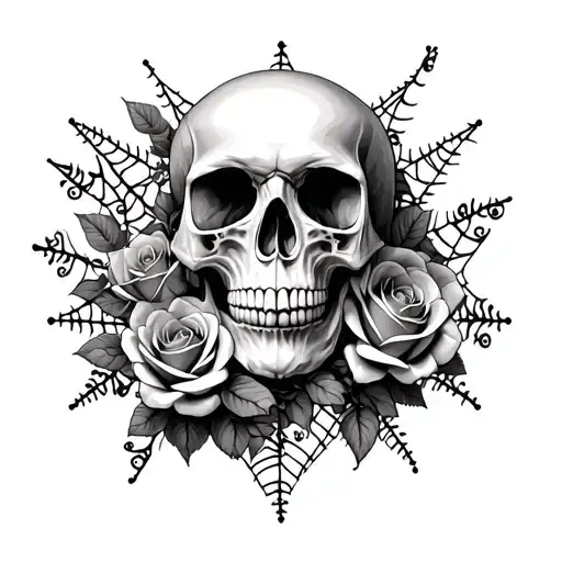skull surrounded with roses and interlocking lace pieces resembling spiderwebs tattoo design idea