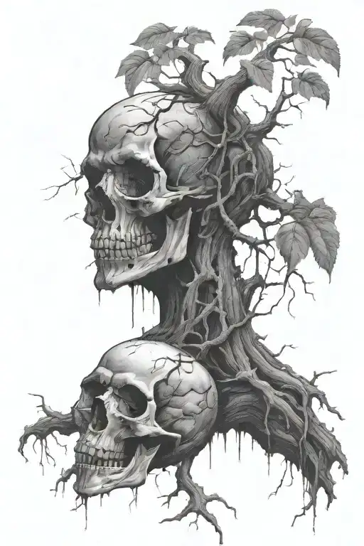 a rotting tree with an apple that looks like a skull falling from it   tattoo design idea