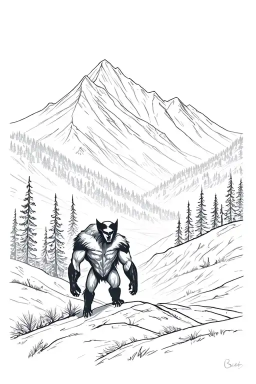 a real Wolverine animal overlooking mountain and forest tattoo design idea