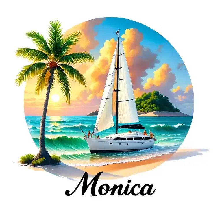 "Monica" "Monica" "Monica" "Monica" "Monica" "Monica" "Monica" "Monica" white catamaran sailing, sunrise, small island palm, ocean beach outside of circle at bottom tattoo design idea