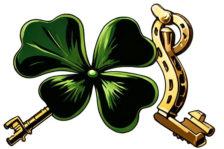 a four leaf clover in the middle. a gold key on one side and gold horseshoe on other side tattoo design idea