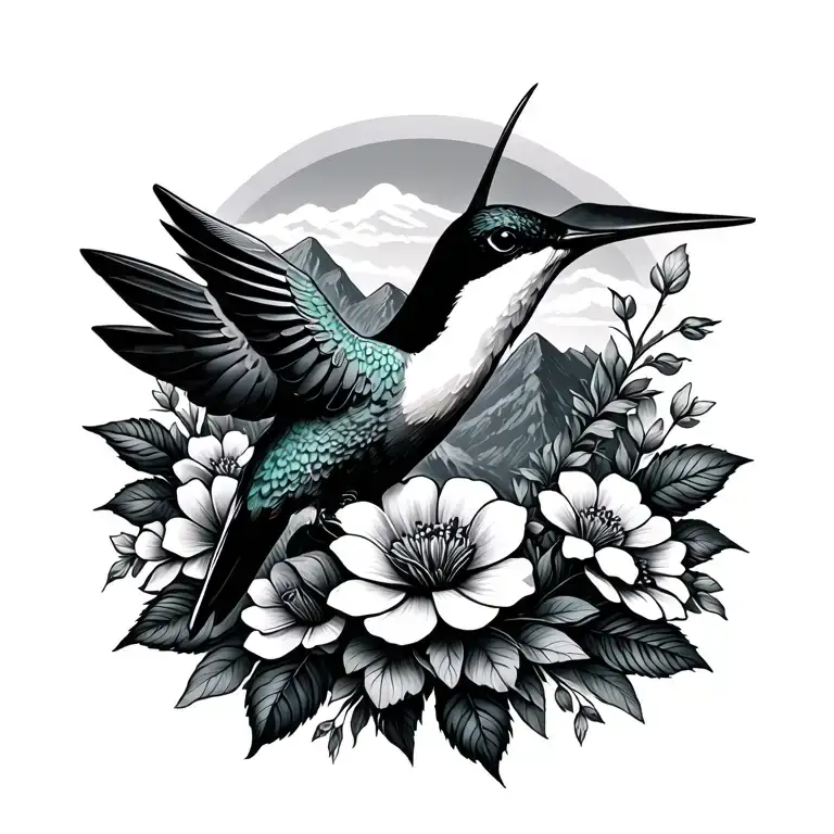 hummingbird surrounded flower mountain tattoo design idea