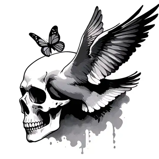 skull and dove with small butterfly emerging tattoo design idea