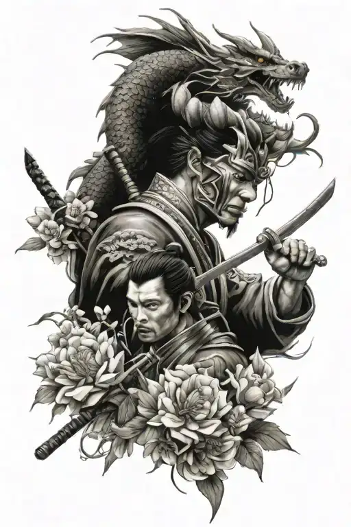 samurai and dragon with flowers tattoo design idea
