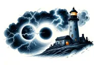 lightning, black hole, planet, lighthouse tattoo design idea