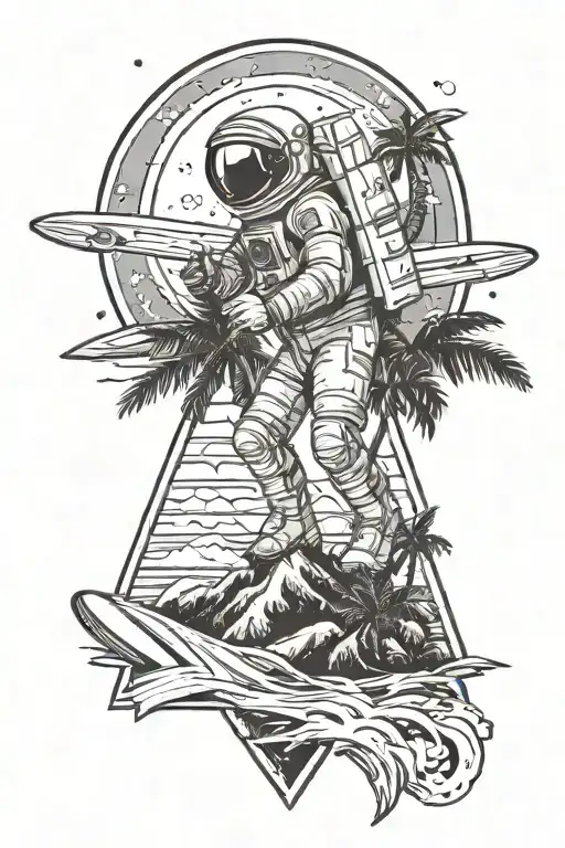 astronaut, surfing, marijuana plant, outer space, pyramid, ray gun, palm tree, beach, skoal wintergreen tattoo design idea