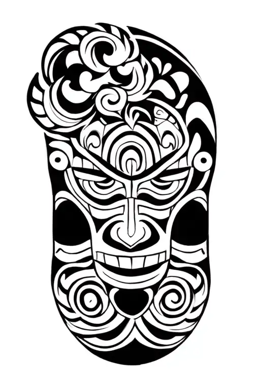 Maori-style design blackwork line art, koru spirals, tiki mask elements, symbolizing perseverance, warrior spirit, love tattoo design idea