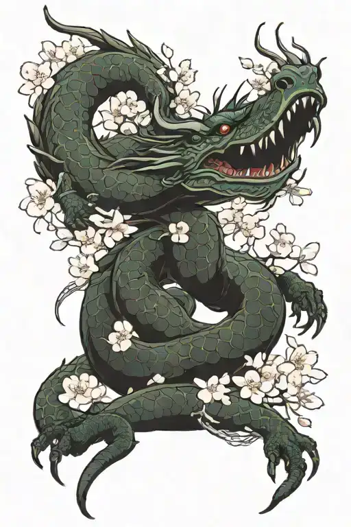 Haku dragon body from spirited away with cherry blossoms surrounding him tattoo design idea
