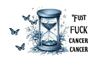 "FUCK cancer"  hourglass that has broken glass and is filled with stars has butterflies and flowers around it tattoo design idea