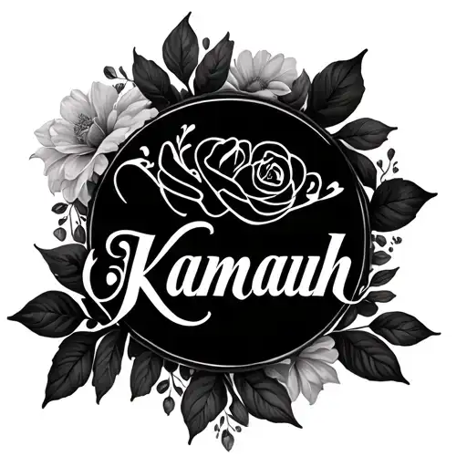“Kamauh” name tattoo in a fancy script with floral accents (no roses) —elegant and bold style options tattoo design idea