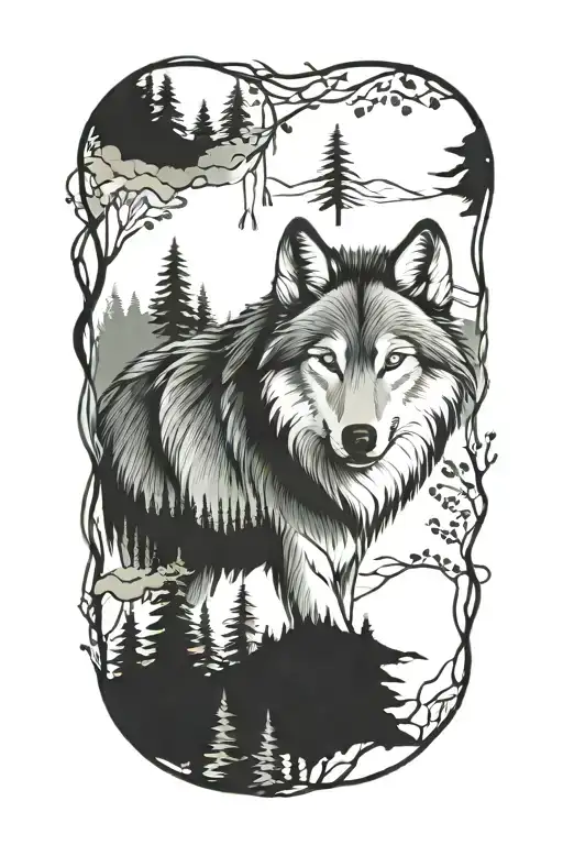 wolf blue eyes forest landscape tattoo design idea