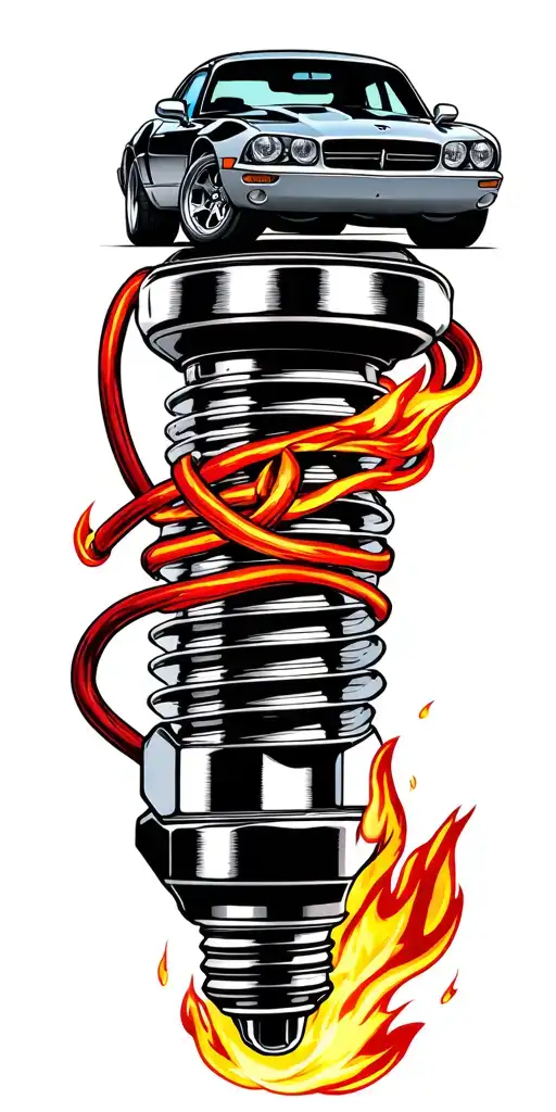 2013 dodge viper, spark plugs, fire, manual transmission, that transitions into Rivian with high voltage cables  tattoo design idea