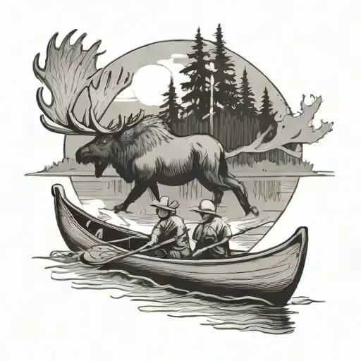 two guys in a canoe with a moose swimming alongside tattoo design idea