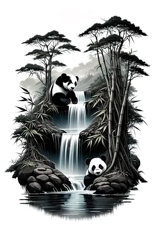 Bamboo Forest with waterfall and panda tattoo design idea