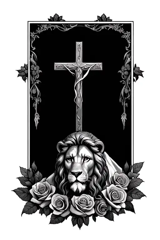 Jesus, lion, roses, surrounding cross tattoo design idea