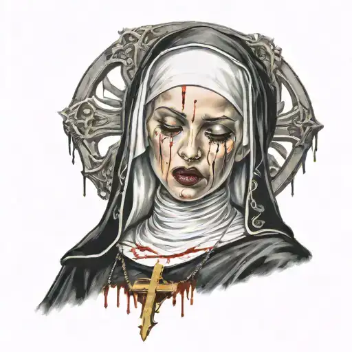 Sexy Nun, huge boobs,, revealing attire, seductive facial expressions, gold cross dripping blood, praying, portrait tattoo design idea
