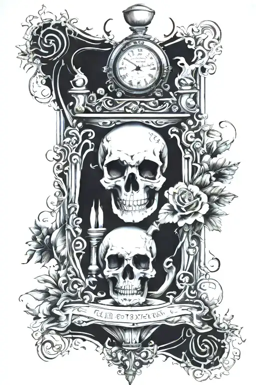 Victorian mansion .Gothic skeleton hourglass. Spade. quote: To some forever, is a matter of seconds tattoo design idea