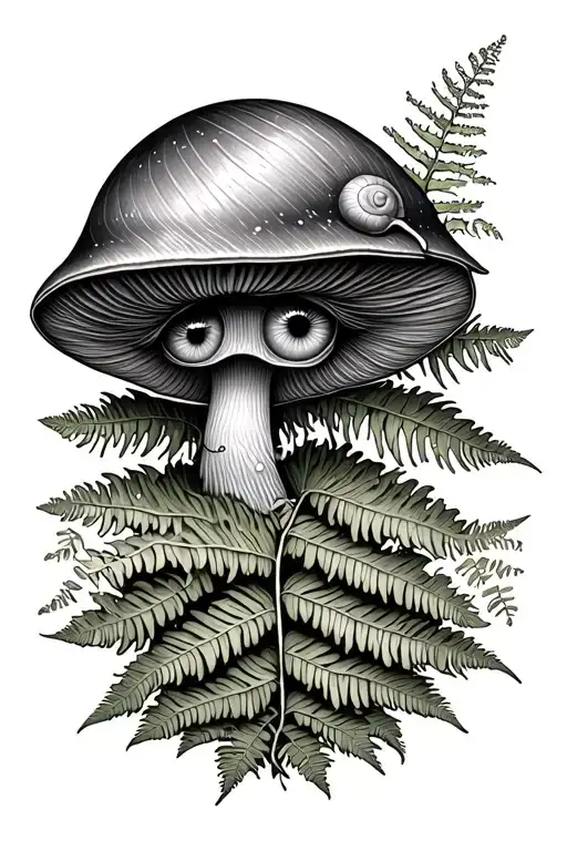 moss, eyes, snail on mushrooms,fern leaf, fungus tattoo design idea