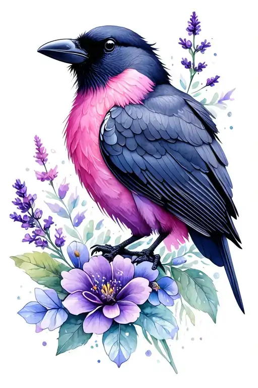 black cookatoo, pink galar, raven, magpie bird, celtic knotting, lavender flower, heather flower, crystal pillar tattoo design idea