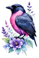 black cookatoo, pink galar, raven, magpie bird, celtic knotting, lavender flower, heather flower, crystal pillar tattoo design idea