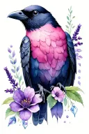 black cookatoo, pink galar, raven, magpie bird, celtic knotting, lavender flower, heather flower, crystal pillar tattoo design idea