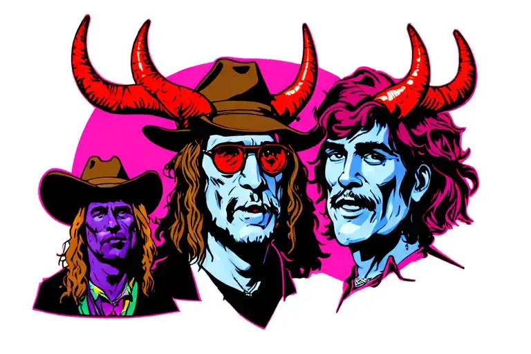 a hippie, a cowboy and a california raisin wearing devil horns tattoo design idea