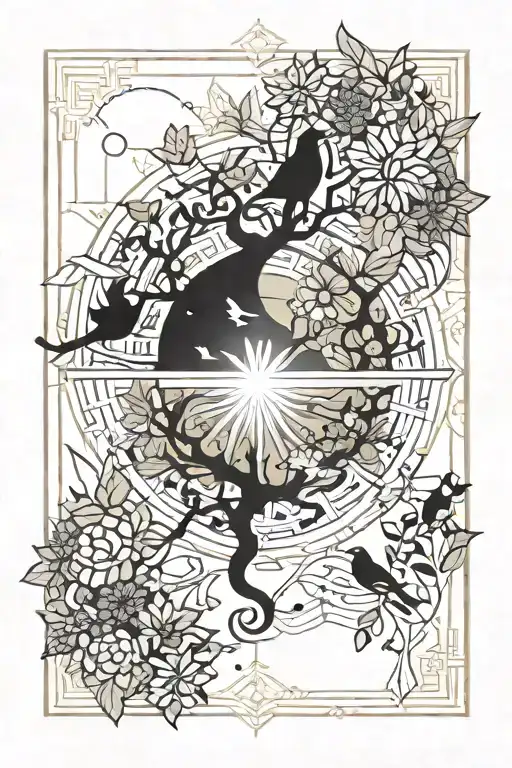 world and tree of life and birds and sun and flowers tattoo design idea