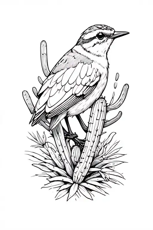 black and white thigh tattoo: Arizona desert with a cactus wren tattoo design idea