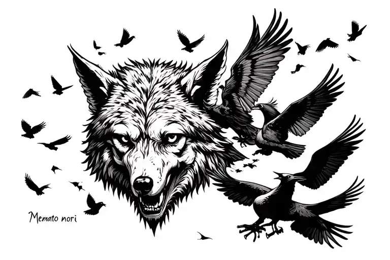 "Memento mori" Small Wolf head and Crows fly away And death embracing represented tattoo design idea