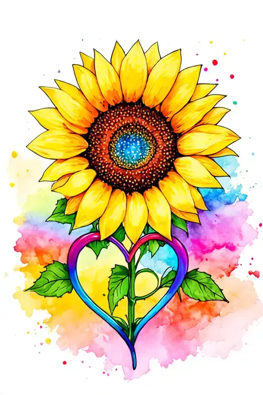sunflower, heart, infinity symbol, watercolor rainbow tattoo design idea
