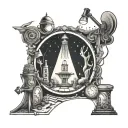 A surrealistic tattoo featuring a spotlight shining on a stage with various art supplies scattered around, representing the client's love for acting and art tattoo design idea