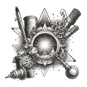 A surrealistic tattoo featuring a spotlight shining on a stage with various art supplies scattered around, representing the client's love for acting and art tattoo design idea