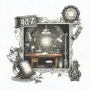 A surrealistic tattoo featuring a spotlight shining on a stage with various art supplies scattered around, representing the client's love for acting and art tattoo design idea