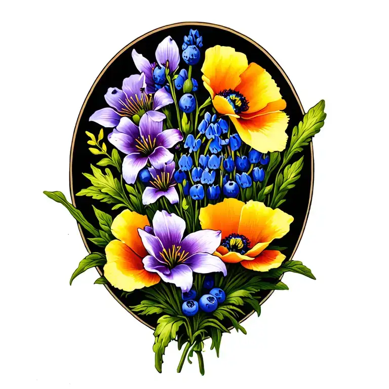 I'd like a shoulder/arm piece that contains the following: California Poppies, Texas Bluebonnets, Lillies, Huckleberries tattoo design idea