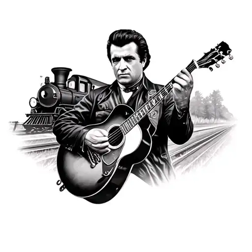 A black and grey portrait of Johnny Cash with a guitar and a train in the background tattoo design idea