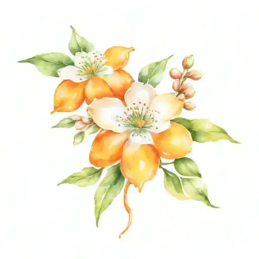 halvned orange gruit and 3 orange blossom flowers intertwined tattoo design idea