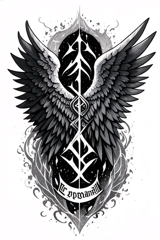vggdarsil and Valkyrie wings with Norse script between the wings tattoo design idea