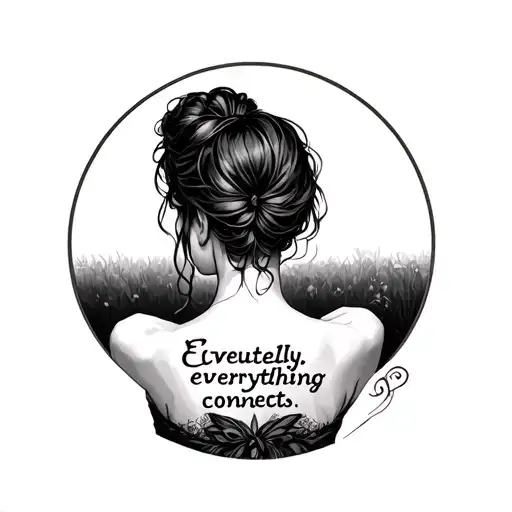 The words "Eventually, everything connects." in a small simple font between the back of the shoulders of a woman tattoo design idea