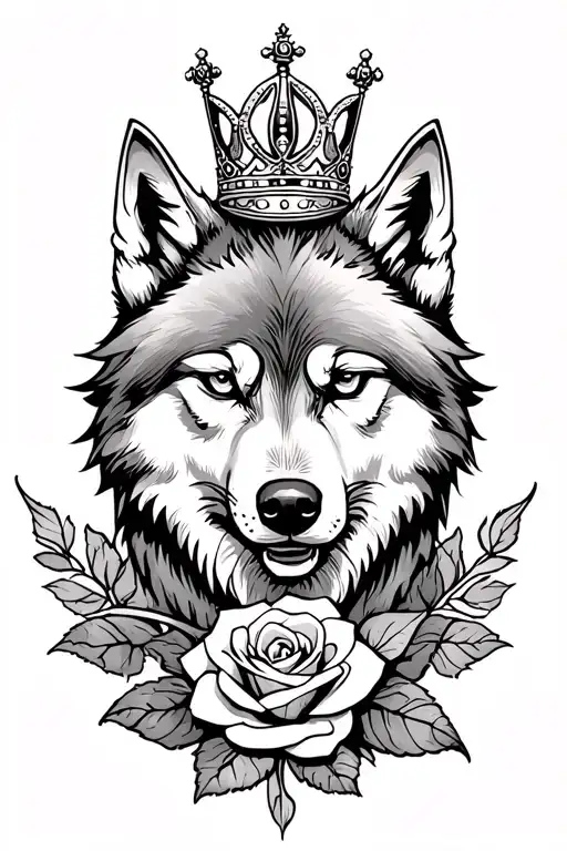 alpha wolf with a crown and a rose intertwined within tattoo design idea