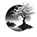cherry blossom tree with a moon, lake or mountain background  tattoo design idea